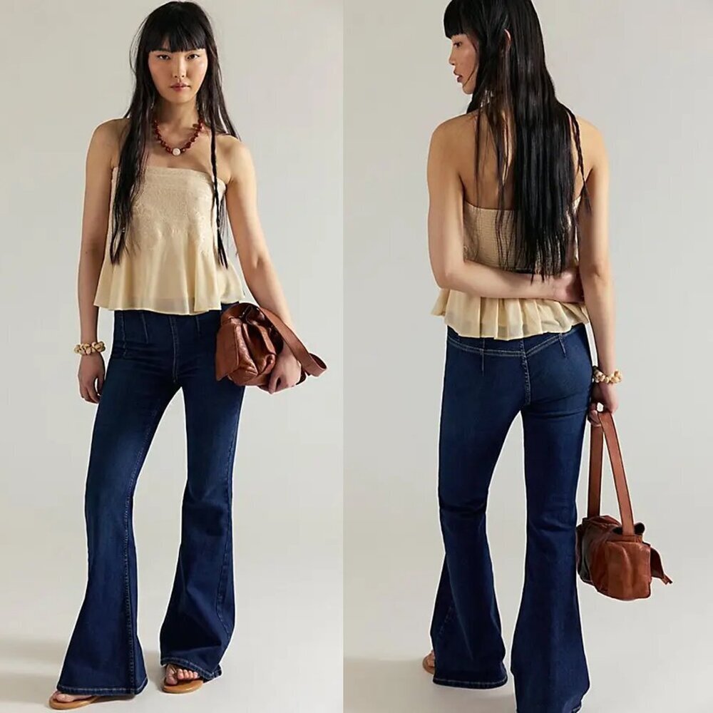 New Free People We The Free Kiera Pull-On Flare Blue Nights Jeans Size 29
